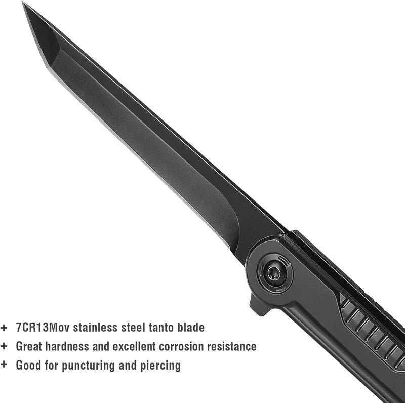 FUNBRO EDC Pocket Knife - 7CR13Mov Steel Tanto Blade, Slim Survival Knife with Clip and Liner Lock, Window Breaker for Outdoor Camping- Stocking stuffer Gifts for Men Women - Image 2